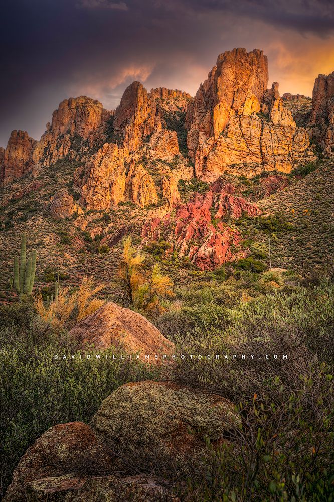 One large red rock stands out in this colorful sunset, Tonto National Forest, AZ