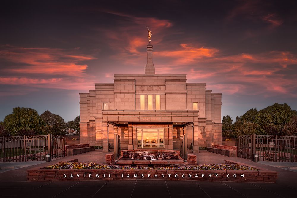 The setting sun is casting beautiful light on the Snowflake LDS Temple, Arizona
