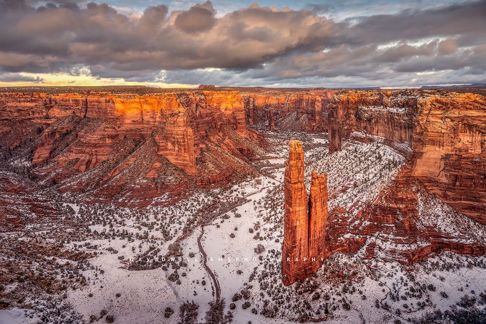 Winter sunset at Spider Rock spires, Canyon De Chelly National Park, Chinle, AZ