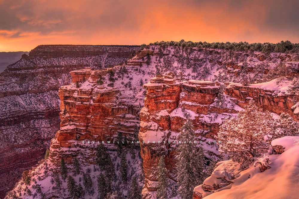 Sunrise over fresh snow at Mather Point, South Rim of the Grand Canyon Sunrise over fresh snow at Mather Point, South Rim, Grand Canyon