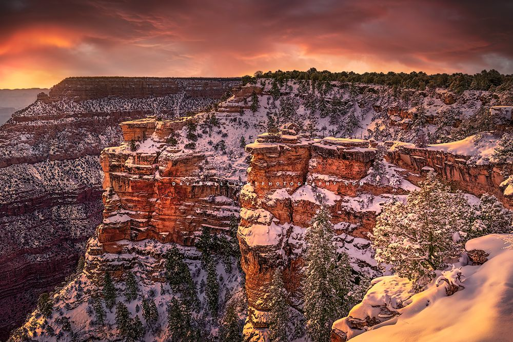 A snow covered Grand Canyon at sunrise, South Rim Grand Canyon, AZ