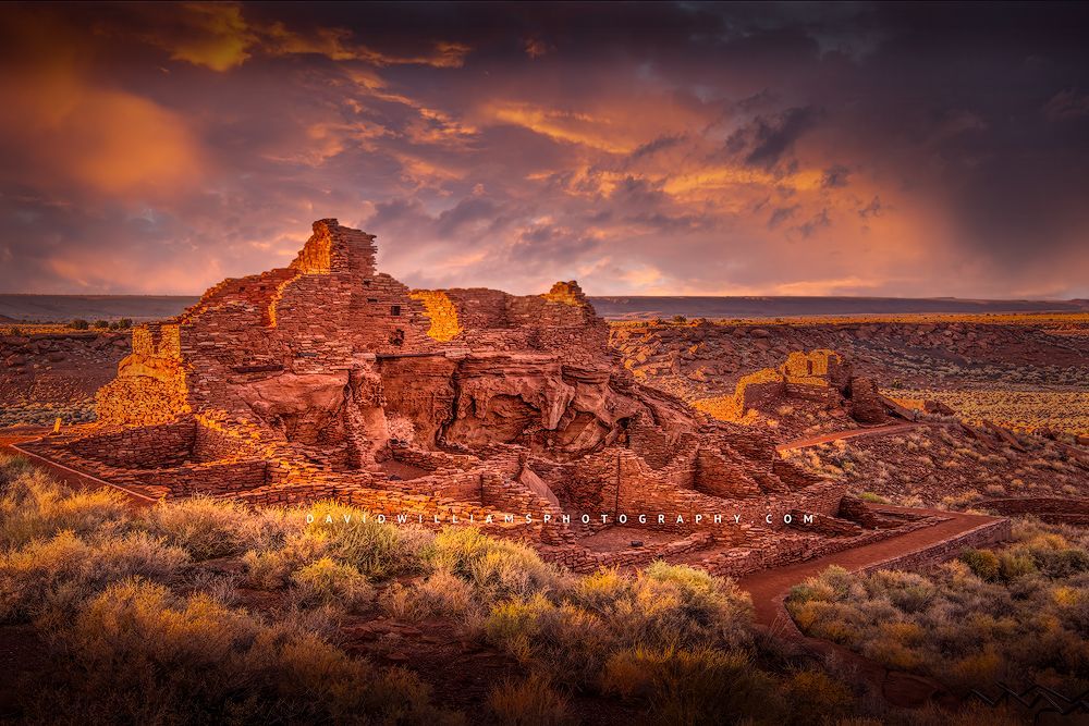 Colorful skies at sunset at Wupatki ancient Puebloan ruin, Arizona
