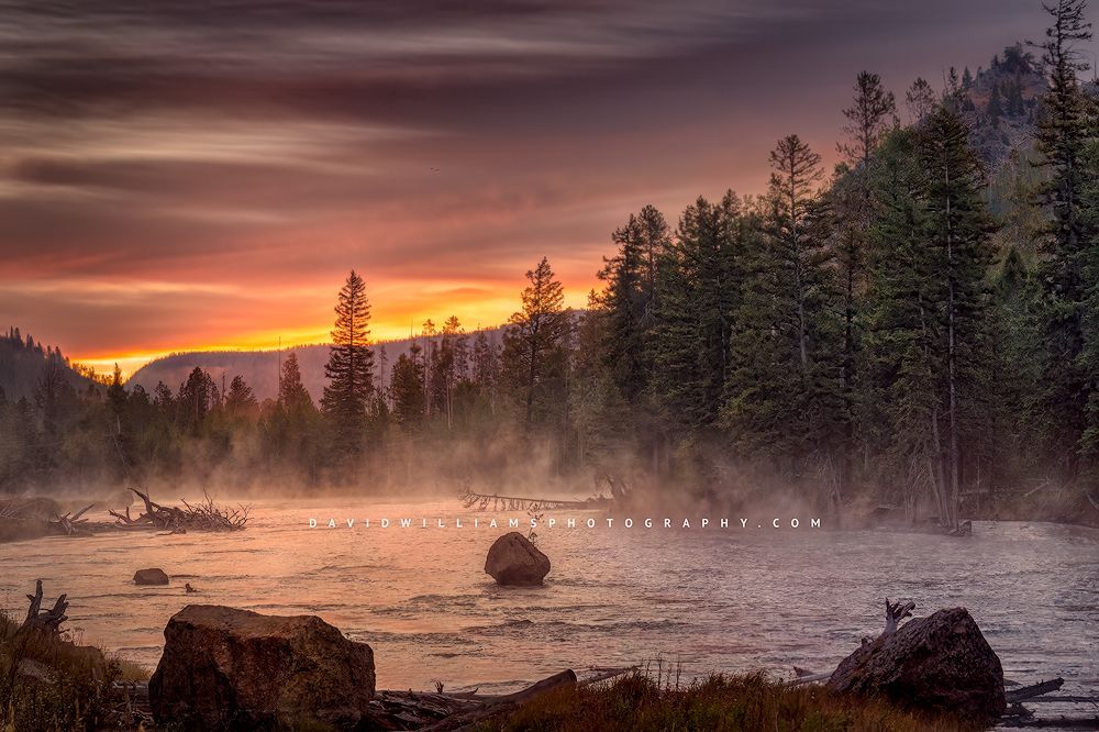 A beautiful sunrise over the Madison River, Yellowstone National Park, WY