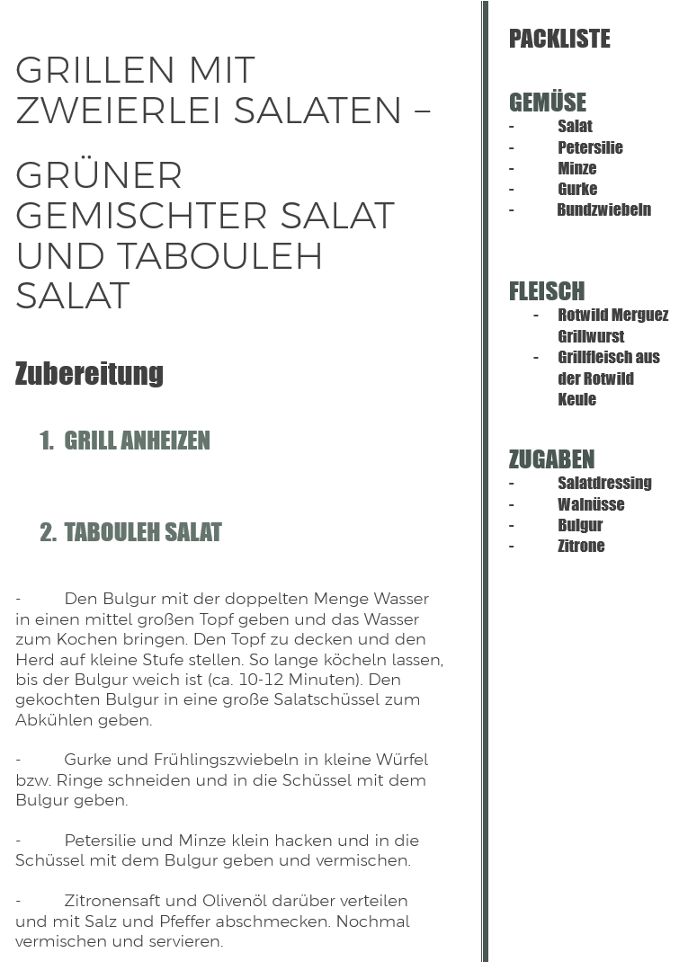 Rezept Grillen mit zweierlei Salaten. Grüner gemischter Salat und Tabouleh Salat