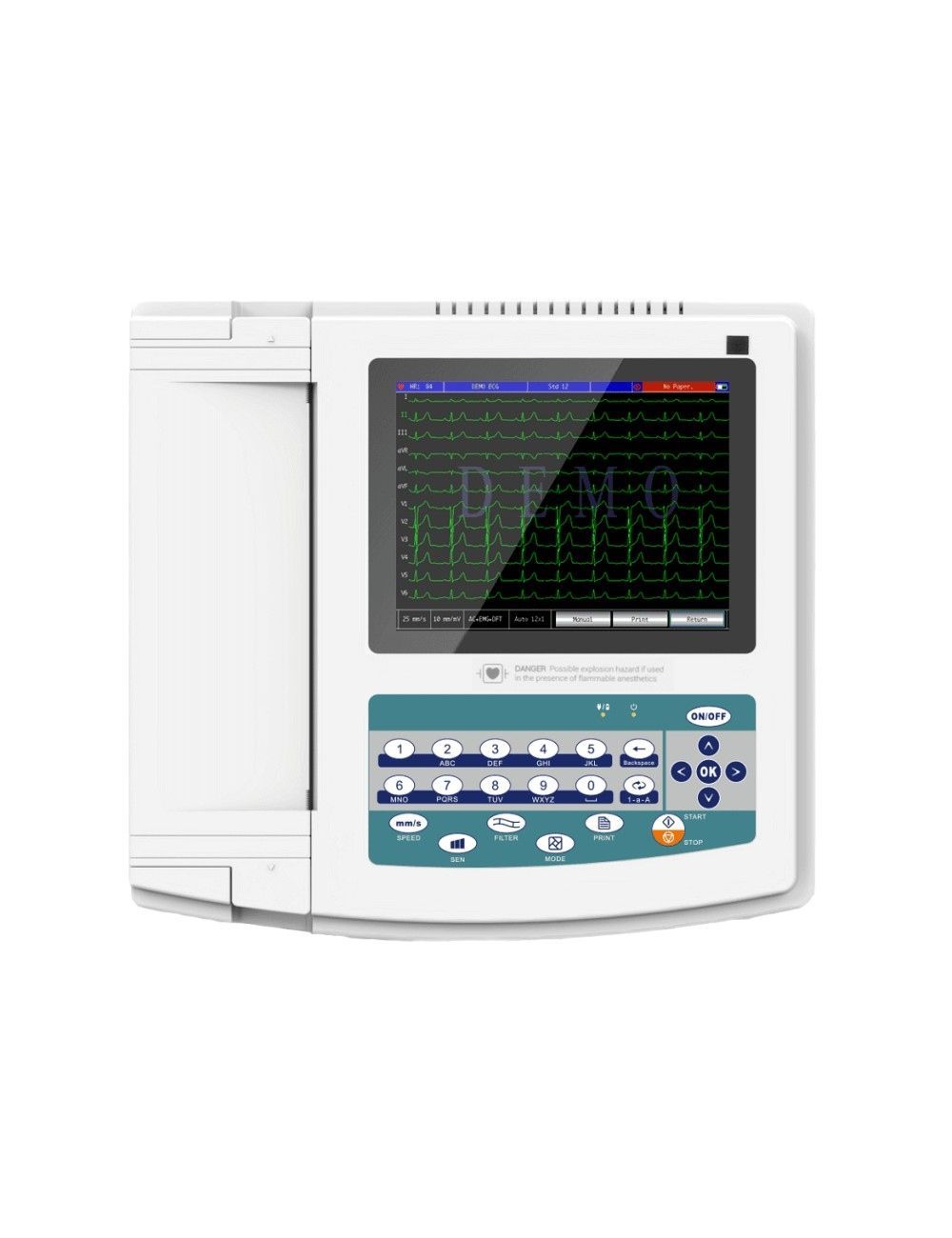 ECG 12 canales modelo 1200G mostrando interpretación automática en pantalla.