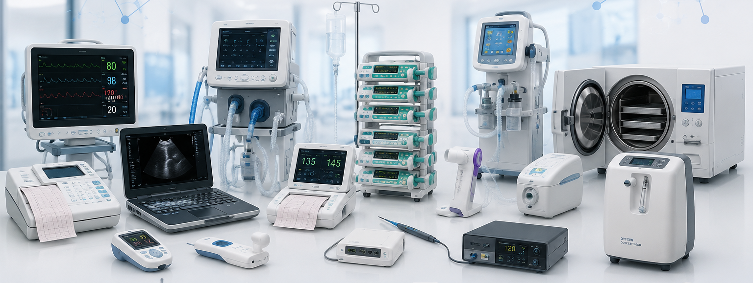 Equipamiento médico profesional de electromedicina para hospitales, clínicas y centros sanitarios con equipos de diagnóstico, monitorización y soporte vital.