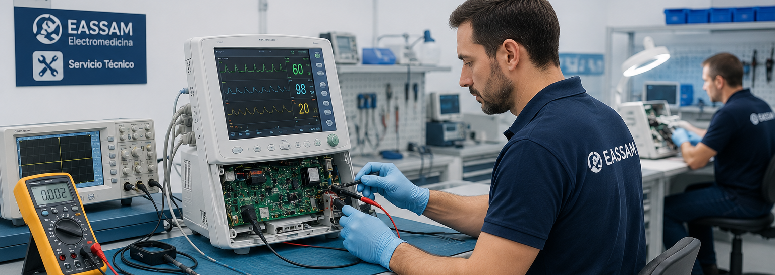 Servicio técnico especializado en electromedicina realizando el mantenimiento, reparación y verificación de equipos médicos en un laboratorio técnico profesional.