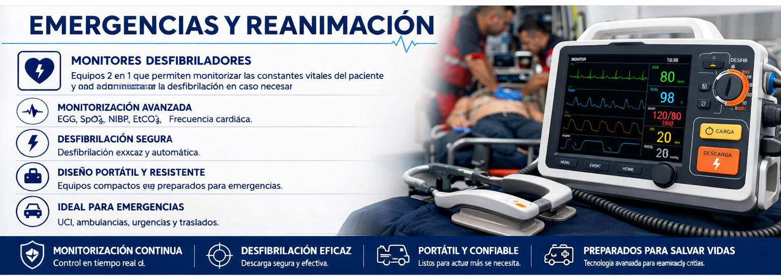 Monitores desfibriladores profesionales para emergencias y reanimación con monitorización multiparamétrica y desfibrilación en hospitales, ambulancias y servicios de urgencias.