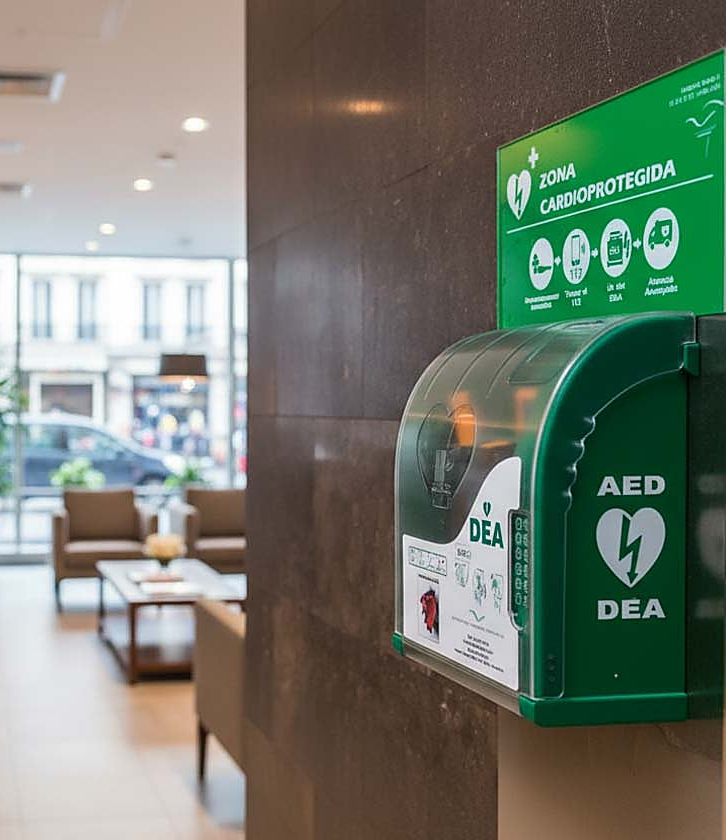 Desfibrilador externo automático (DEA) en vitrina señalizada en un espacio público .
