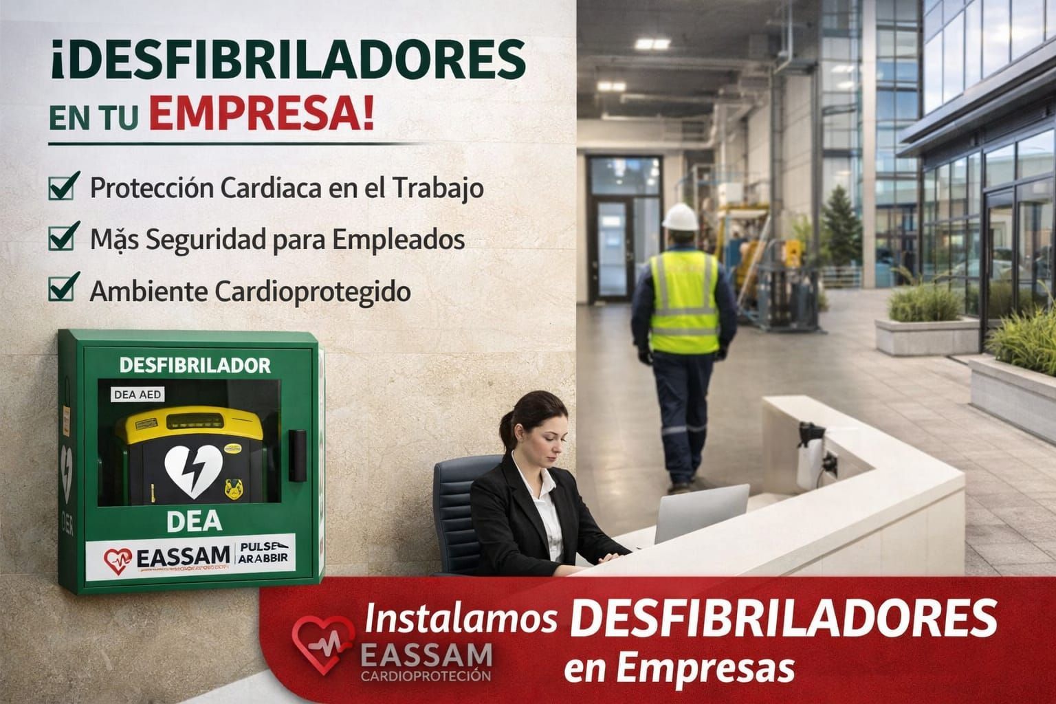 Equipo de primeros auxilios con desfibrilador en una empresa, simbolizando la prevención y seguridad laboral.”