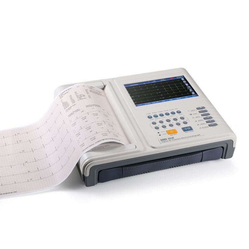 Electrocardiógrafo 1112M de 12 canales con visualización clara de ondas ECG.