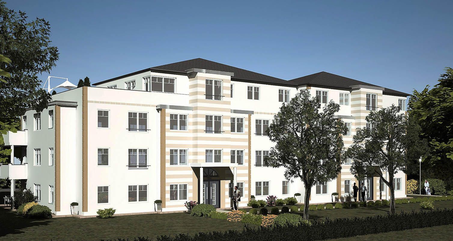 Architekturvisualisierung Außenraum Architekturpräsentation Visualisierung der Eingangsseite eines Mehrparteinhaus