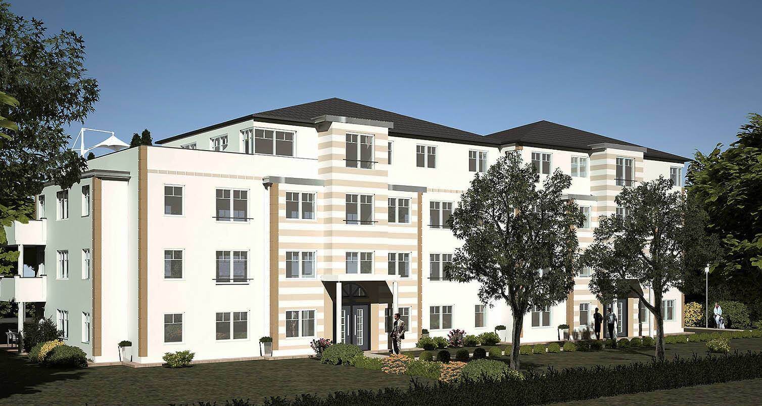 Architekturvisualisierung Außenraum Architekturpräsentation Visualisierung der Eingangsseite eines Mehrparteienhaus