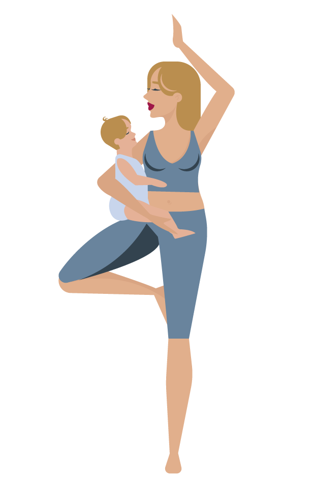 Fit mit Rückbildung mit Baby - Mein Rückbildungskurs für alle Mamas nach der Geburt mit ihrem Baby/ Kind Julez beim Sport. Sie ist in der Kniebeuge, auch Quad genannt und hat ihr Baby in der Trage dabei. Die Arme sind dabei hoch in die Luft gestreckt.