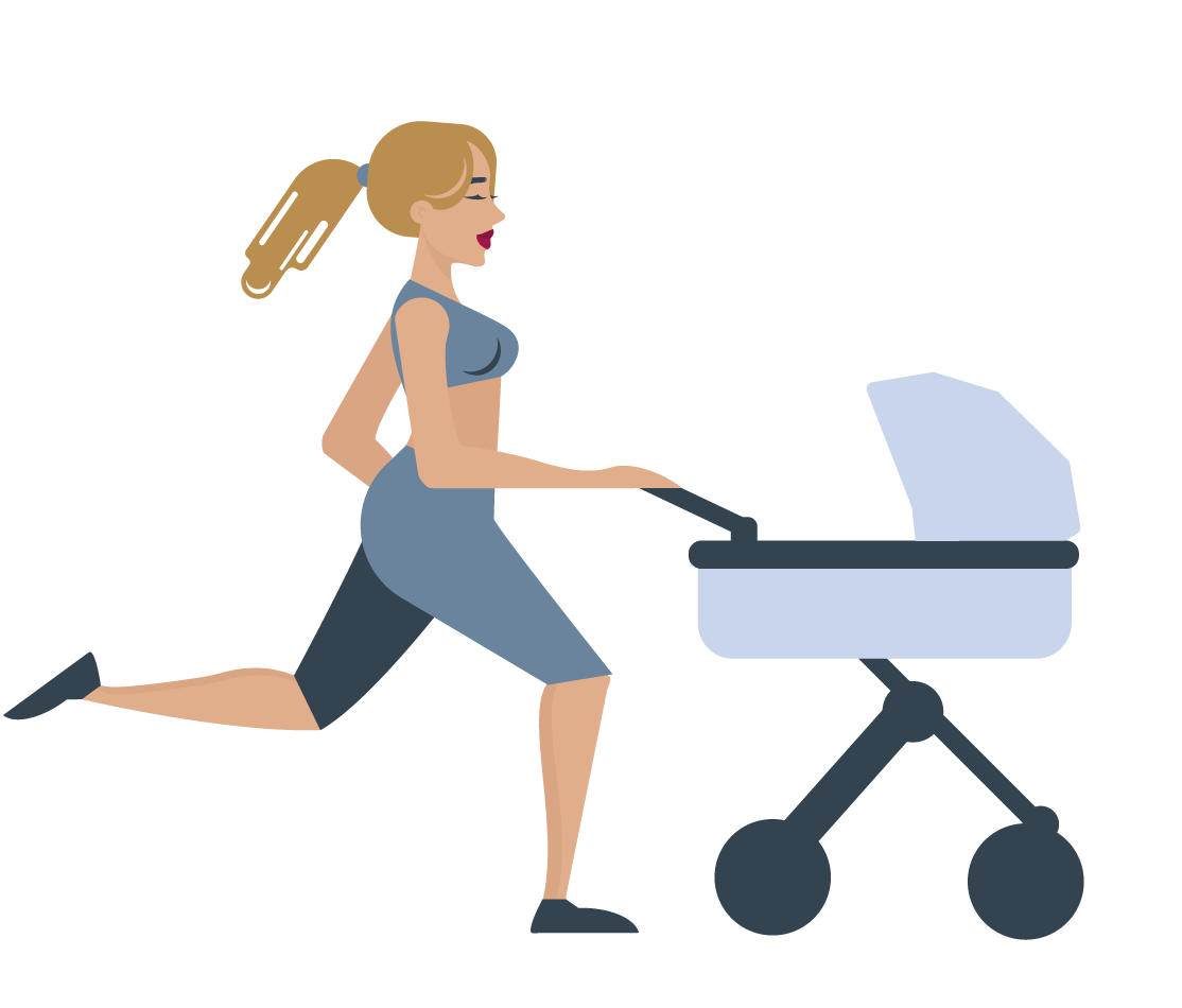 Man sieht Julez als Comicfigur beim Sportlichen im Freien mit Kinderwagen. Sie hat blonde Haare, trägt blaue Sportkleidung und hat einen passend blauen Kinderwagen. Fit mit Baby Outdoor - Mein Fitnesskurs für alle Mamas mit ihrem Baby oder Kleinkind draußen an der frischen Luft