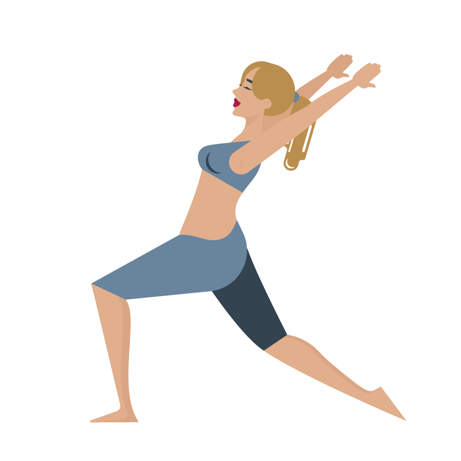 Man sieht Julez als Comicfigur mit ihren blonden Haaren und blauen Sportkleidung. Sie macht eine Dehnübung, die Hände sind über den Kopf gestreckt und das eine Bein angewinkelt. Das andere Bein ist gestreckt. Personal Rückbildung - Dein ganz persönlicher Rückbildungskurs/ Rückbildungsgymnastik