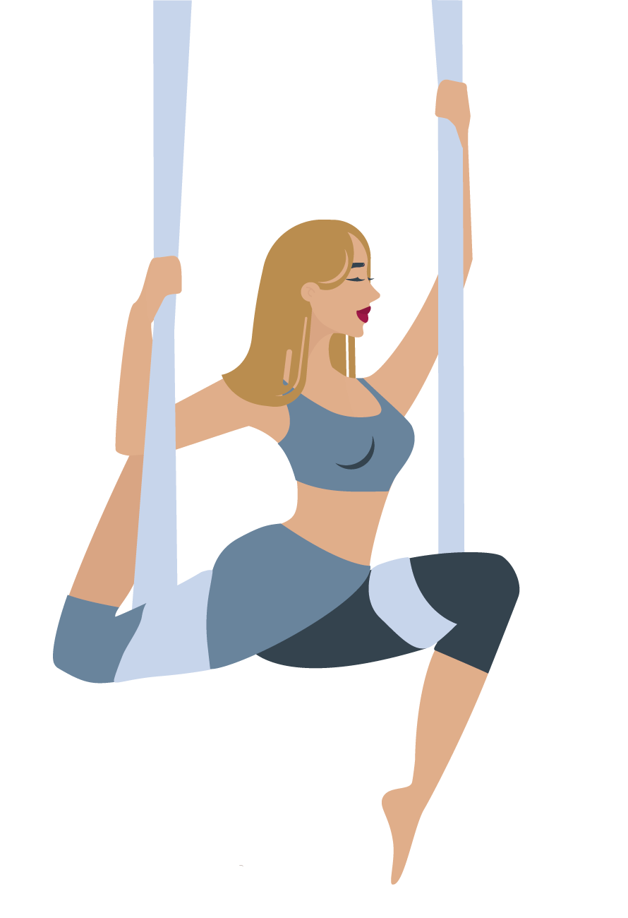 Fit mit Flying Pilates - Mein Pilateskurs im Tuch für alle Frauen Hier sieht man Julez in ihren blauen Sportklamotten Pilates im Tuch in der Luft machen.