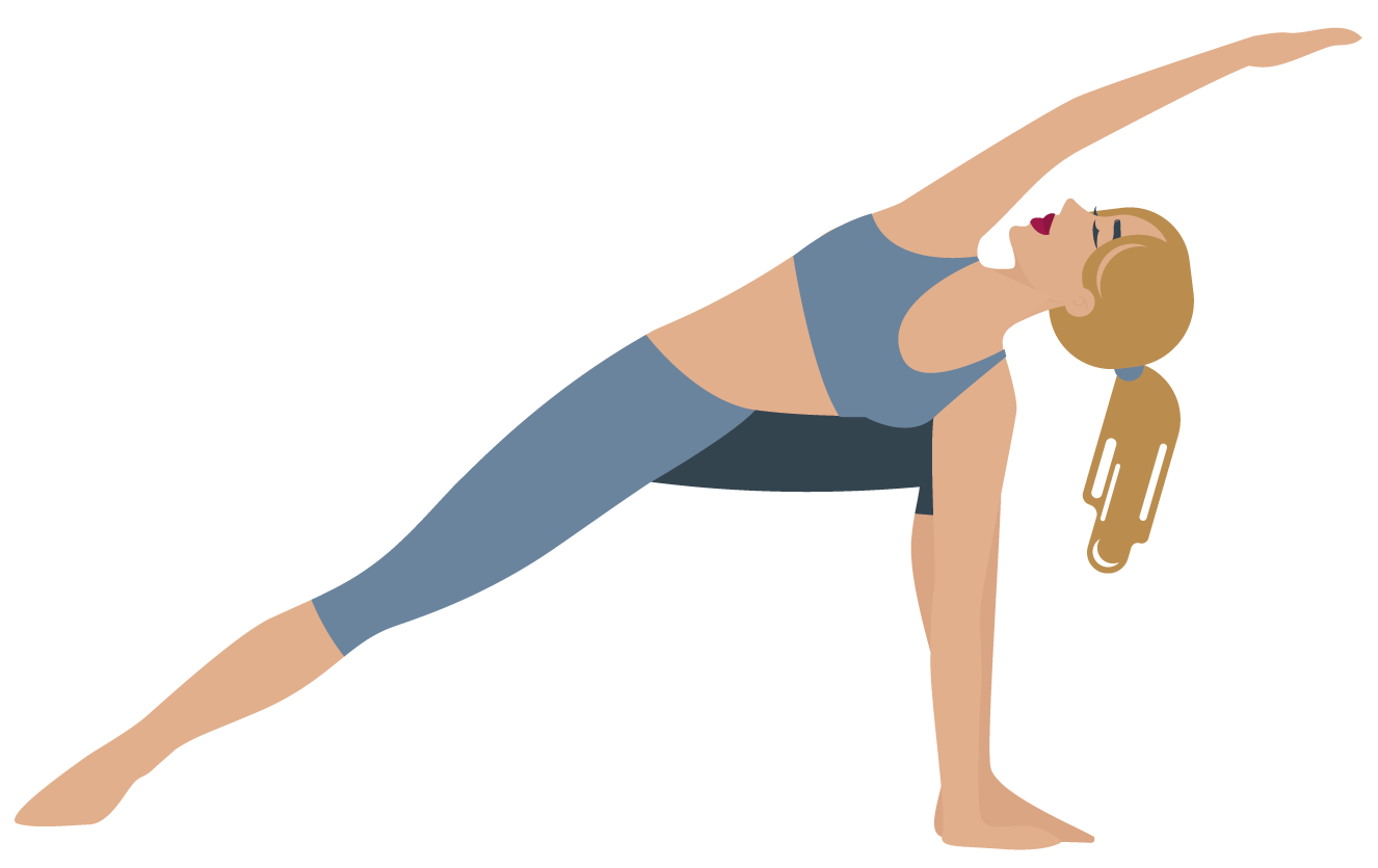 Fit mit starker Mitte - Mein Fitnesskurs für alle Mamas Hier sieht man Julez in ihren blauen Sportklamotten im Schneidersitz auf der Matte. Ihre Arme sind nach oben gestreckt, die Hände berühren sich,