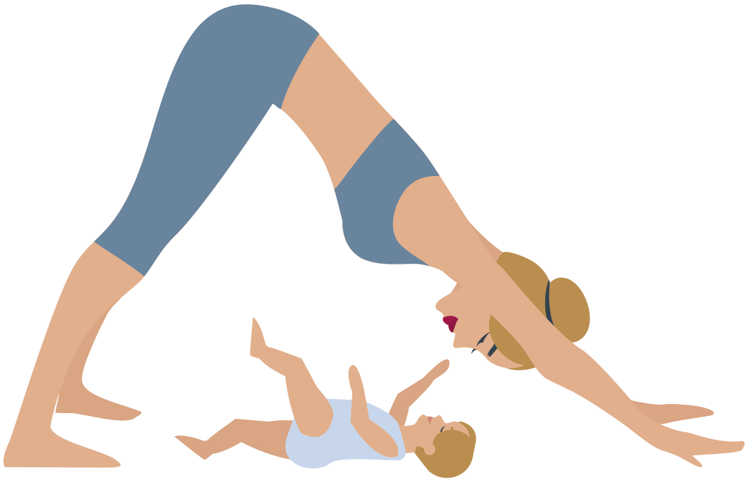 Auf dem Bild sieht man Julez als Comicfigur. Sie steht auf einem Bein und hält ihr Baby im Arm. Sie macht Sport in einem blauen Sportoutfit. Fit mit Baby Indoor - Mein Fitnesskurs für alle Mamas zusammen mit ihrem Baby oder Kleinkind