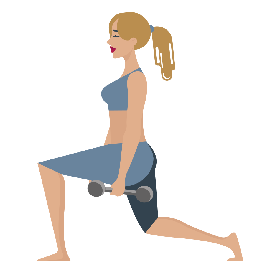 Auf dem Bild sieht man Julez als Comicfigur im Ausfallschritt mit Hanteln in den Händen. Fit mit starker Mitte - Mein Fitnesskurs für alle Mamas ohne ihrem Baby oder Kleinkind