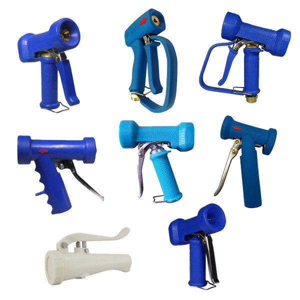 Hand-held water spray guns for cleaning, rinsing and washing down in the food, beverage, brewery, pharmaceutical and abattoir industries. Also spray gins for watering gardens , rinsing patios and drives and washing cars.