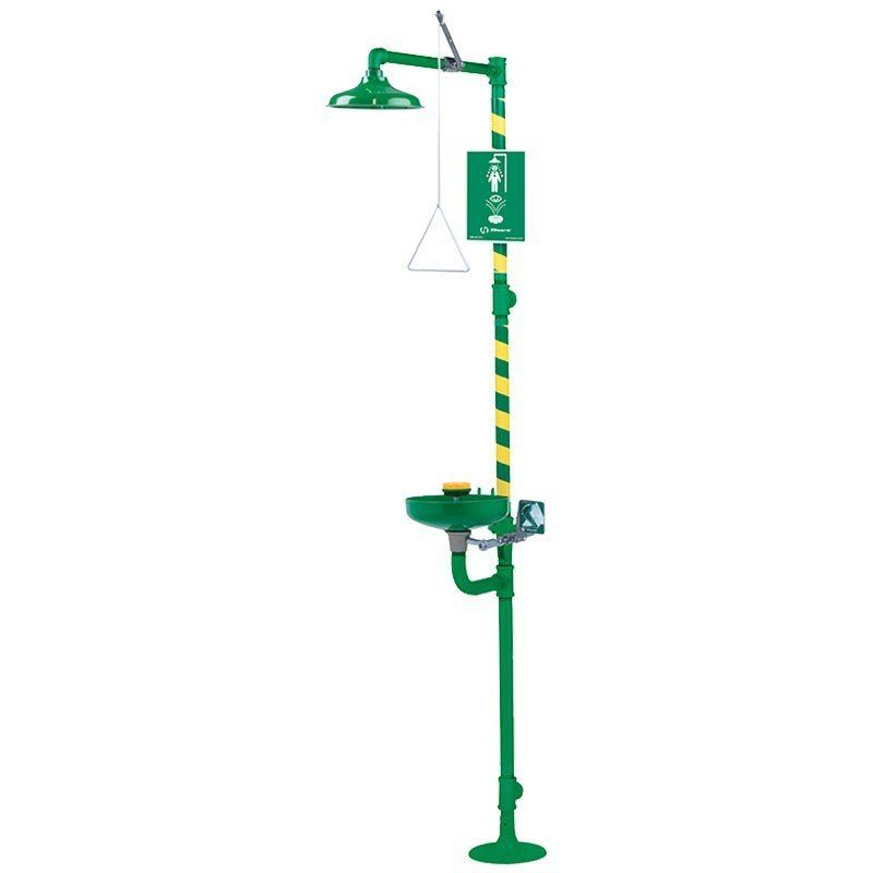 Combination safety drench shower with eye/face wash. Corrosion resistant paint (CRP) and with AXION® MSR eye/face wash and showerhead, with a green ABS receptor.