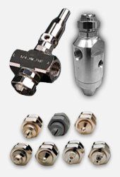 PNR air assisted atomiser fogging nozzles for humidification and disinfection. Automatic atomisers, ultrasonic atomisers and basic body atomisers