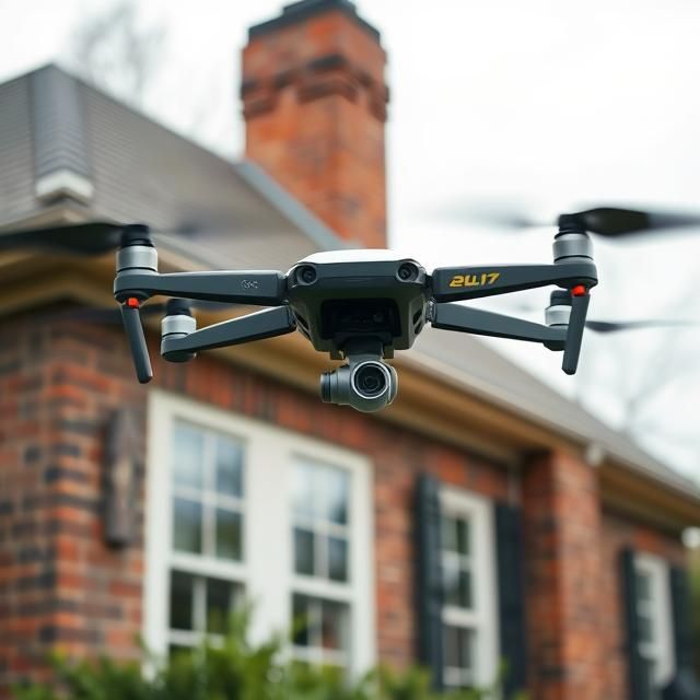 closeup image of camera drone in flight and a blurred brick home and chimney in the background
