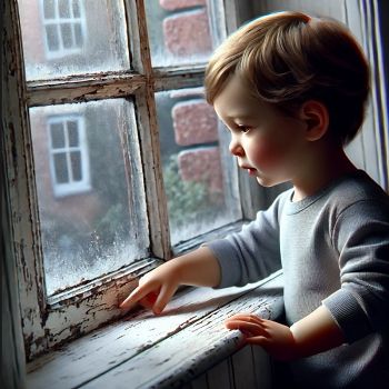 a young child by a window in need of painting