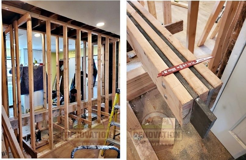two images of temporary stud wall after a wall removal, and a closeup of the replacement beam