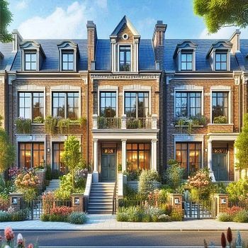 townhouse building with a brick exterior and lovely landscaping