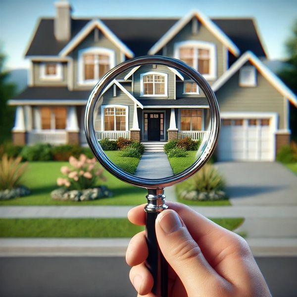 image of single family home in the background, and a magnifying glass in the foreground