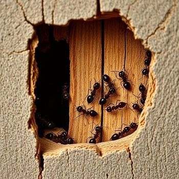 Cut out of a house exterior with carpenter ants on the framing lumber
