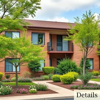 townhouse building with a brick exterior and lovely landscaping