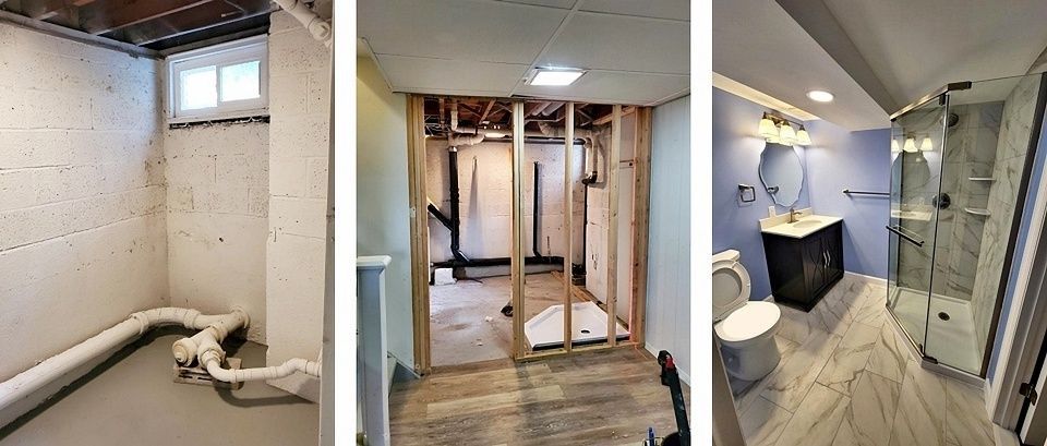 Three before and after photos of a new basement bathroom addition created from an empty space in the basement