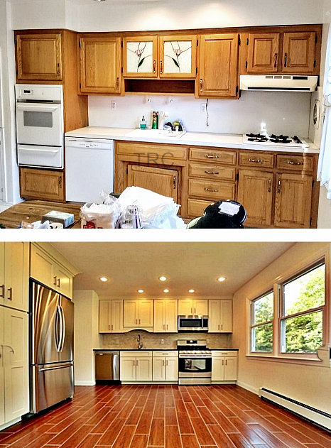 before and after photos of a 1960's split level kitchen renovated with white cabinets and a red colored tile floor