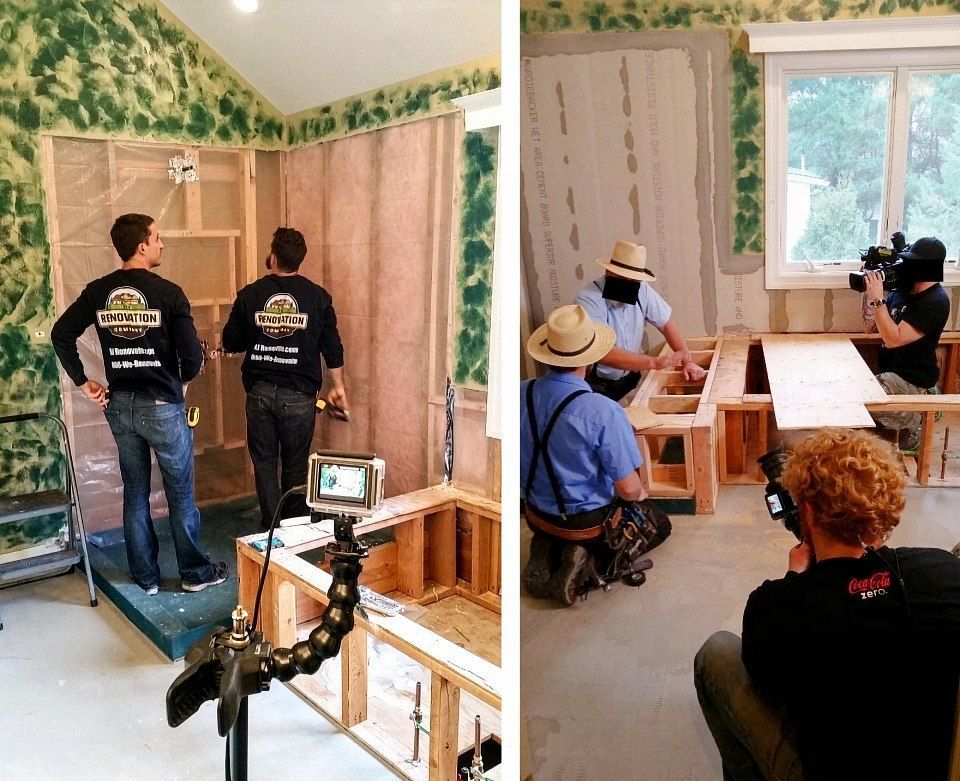 A walk-in shower renovation in progress and cameras capturing a discussion about the work.