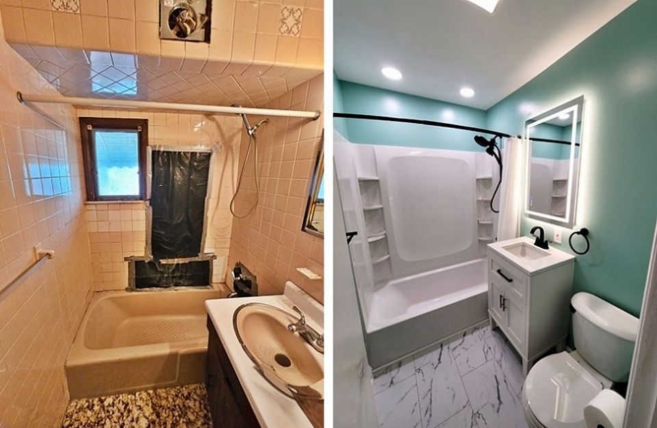 Before and after of 1950's pink tile bathroom that was renovated with a tub surround, LVT floor, and new fixtures