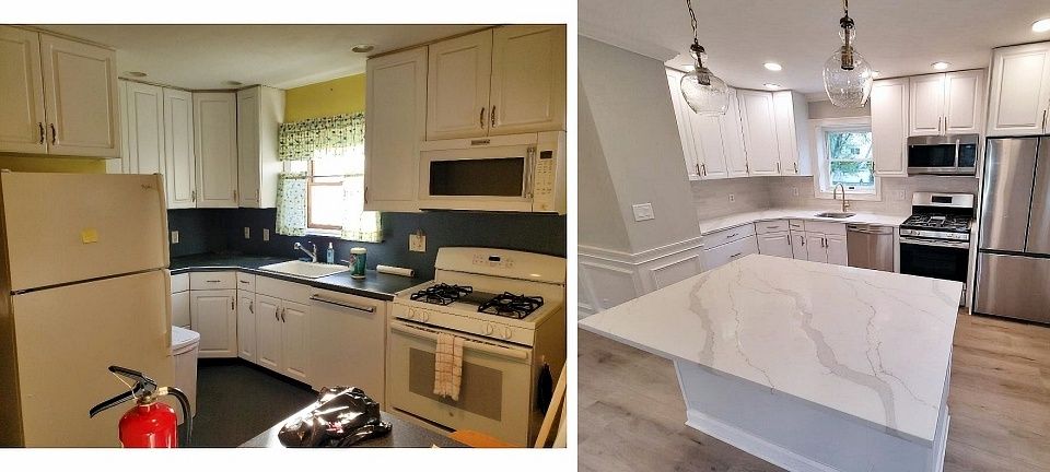 Before and after photos of a cramped and dated 1950's kitchen that was completely renovated