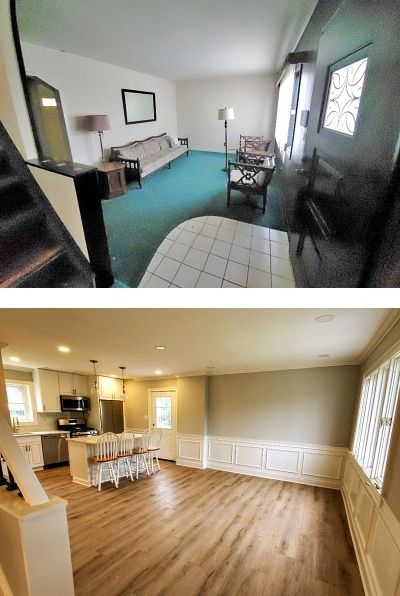 Before and after photos of a 1950's cape cod living room before a load-bearing-wall was removed and the result after