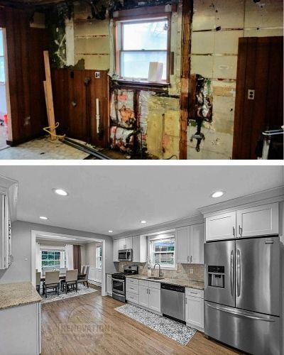 Before and after photos of a kitchen wall before and after the renovation