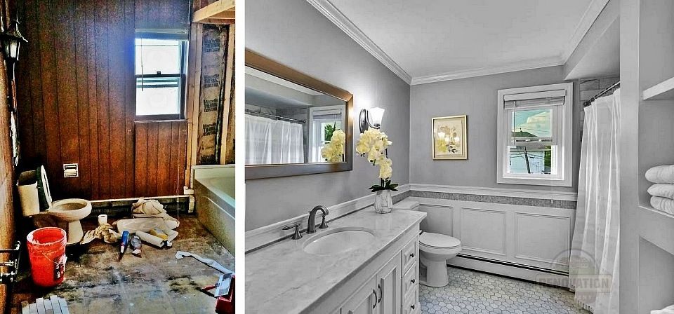 before and after photos of a 1900's bathroom renovation