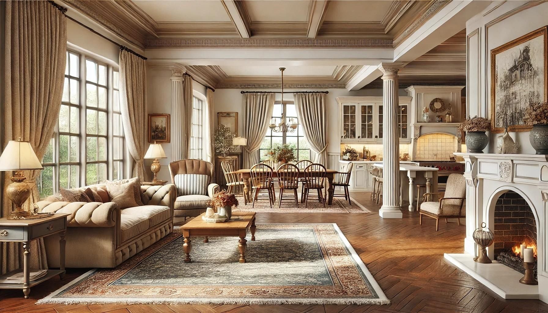 Interior rendering of an upscale traditional home with an open floor plan