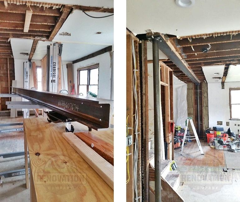 a steel metal i-beam staged inside a home prior to installation, and the resulting beam in place after installation