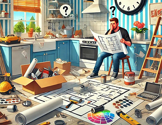 cartoon image of confused seated man looking at a remodeling plan, with scattered items throughout the kitchen