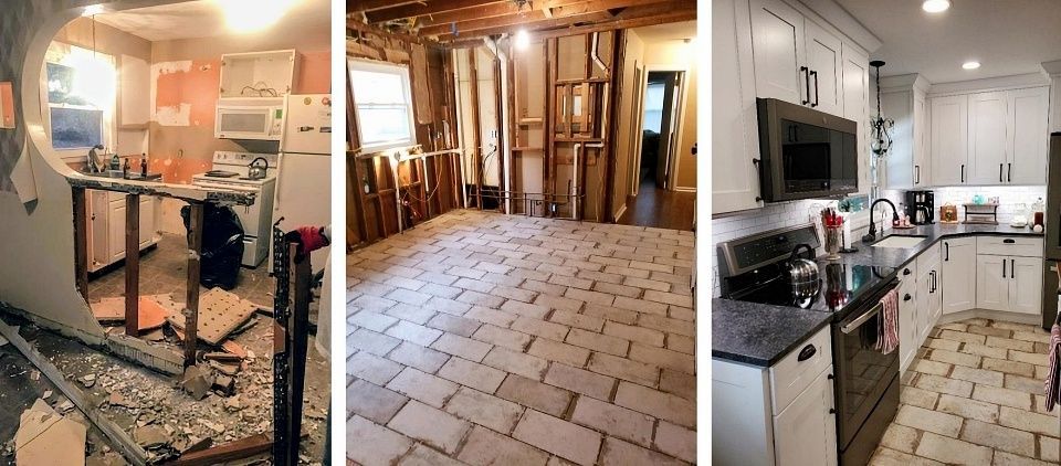 three before and after photos of a kitchen renovation shows the demolition, new tile floor, and the resulting new kitchen