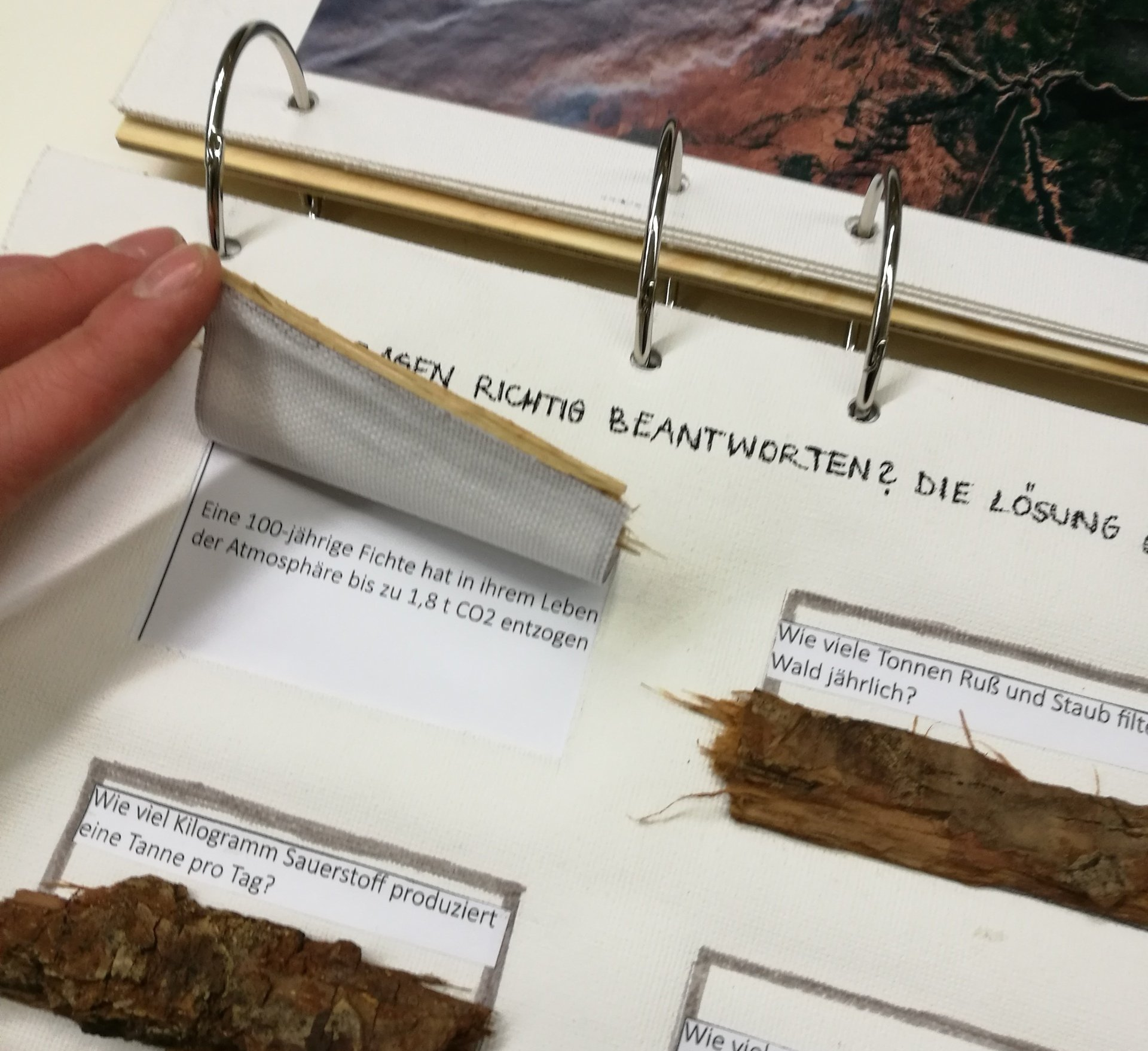 Foto Ausstellung Eine Hand klappt ein Papierfenster auf, dahinter erscheint ein Informationstext