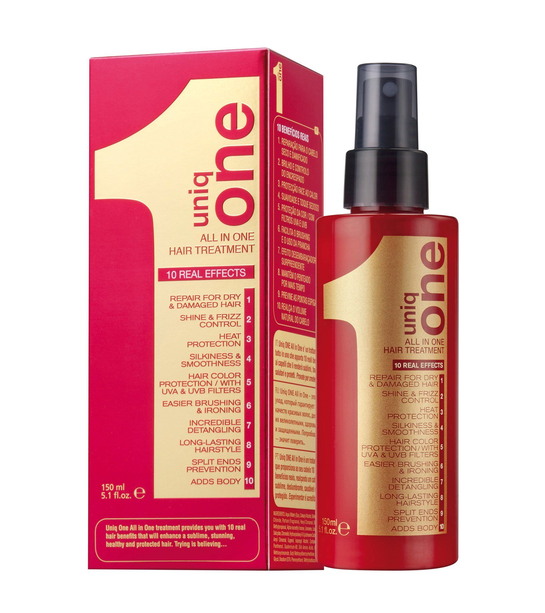 UNIQ ONE es la revolución de productos capilares para tu cabello.  Los 10 efectos reales son:  Repara el cabello seco y dañado Brillo y control del frizz Protección térmica Suavidad y sedosidad Protección del color con filtros UVA y UVB Facilita el uso de la plancha Sorprendente efecto desenredante Ayuda a mantener tu peinado por más tiempo Previene las puntas abiertas Aporta cuerpo y volumen. Con UNIQ ONE notaras que tu pelo recupera el brillo y la suavidad que siempre has tenido y aquí te explicamos lo que Uniq One puede hacer por ti:  Repara el cabello seco y dañado. Brillo y control del encrespado. Protección térmica. Suavidad y sedosidad. Protección del color, con filtros UV y UVB La primera mascarilla del mercado sin aclarado, que aporta diez efectos esenciales que tu cabello necesita.  Facilita el brushing y el uso de la plancha. Sorprendente efecto desenredante. Aporta cuerpo y volumén. Previene las puntas abiertas. Mantiene el peinado por más tiempo Modo de empleo:  Sobre el cabello húmedo: Aplicar a unos 20 cm. del cabello. Cabello corto > 6-8 vaporizaciones Cabello medio> 7-12 vaporizaciones Cabello largo > 10-15 vaporizaciones Desenredar el cabello con peine. Finalizar con su estilo habitual: Secar con secador, con plancha, al aire, etc. Utilizar producto de acabado habitual: espumas, lacas, etc.  Sobre el cabello seco: Aplicar sobre la palma de la mano. Cabello corto > 2-3 vaporizaciones Cabello medio> 3-5 vaporizaciones Cabello largo > 4-6 vaporizaciones Frotar el producto entre las manos y aplicar sobre el cabello desde la mitad hasta las puntas. Si lo necesitas, repasa el peinado con plancha o secador.  Si lo deseas, utiliza productos de acabado habitual: espuma, lacas, etc.