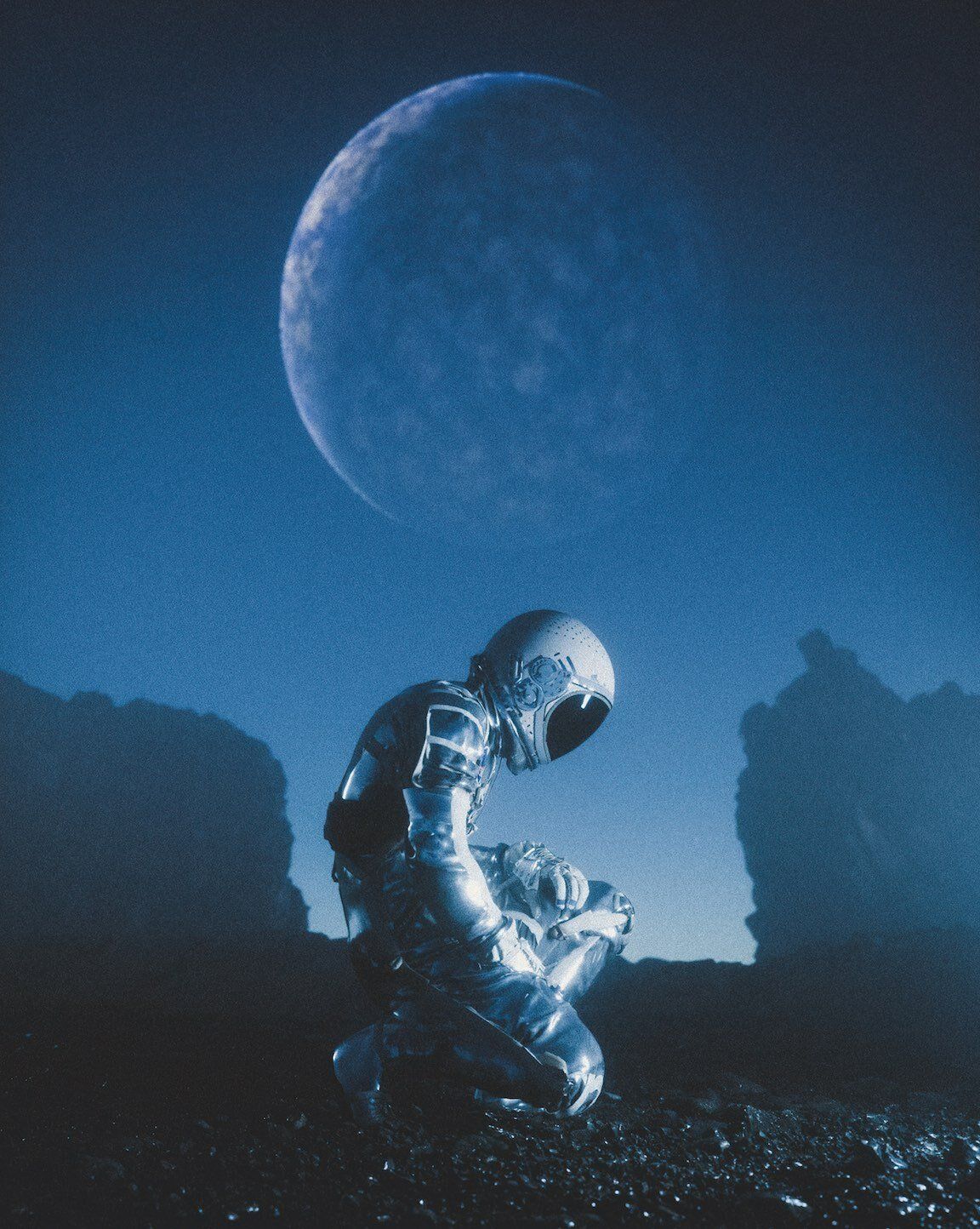 2 3D digital artwork, by Cameron Burns, of a kneeling astronaut. © Cameron Burns/CaptvArt Assouline Alethea Magazine