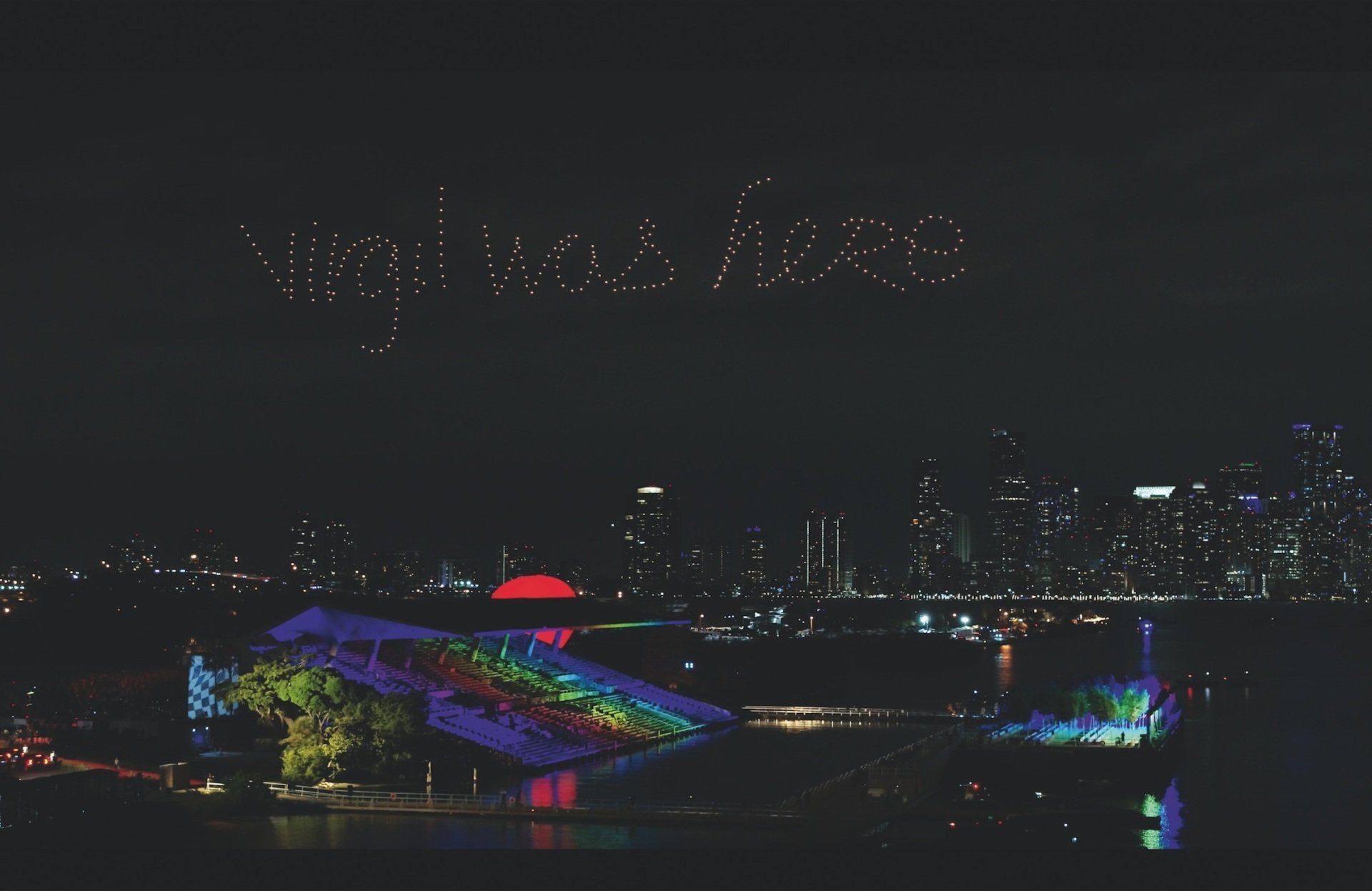 Drones spelled out “Virgil was here” at the finale of the spring-summer 2022 spin-off show in Miami staged two days after Virgil Abloh’s passing. Courtesy of Louis Vuitton @Assouline Alethea Magazine